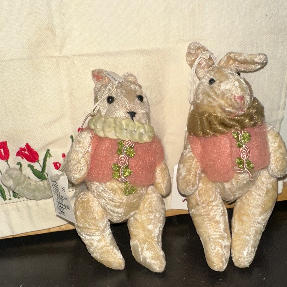 Kohl's Velvet Bunny and Bear Ornaments - Pink and Cream